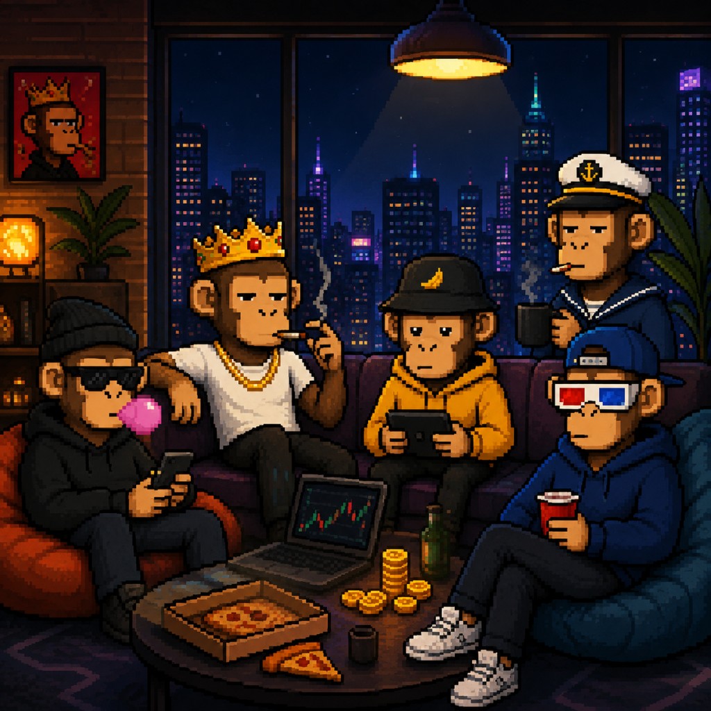 Five Monkas hanging out in a high-rise at night